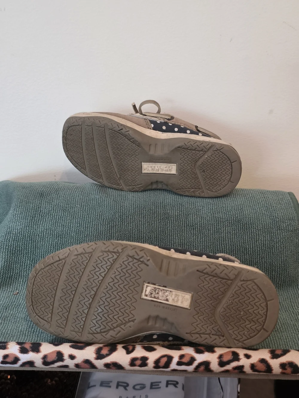 Sperry Bluefish Jr Boat Shoes Taupe Navy Polka Dot Toddler Girls 10M